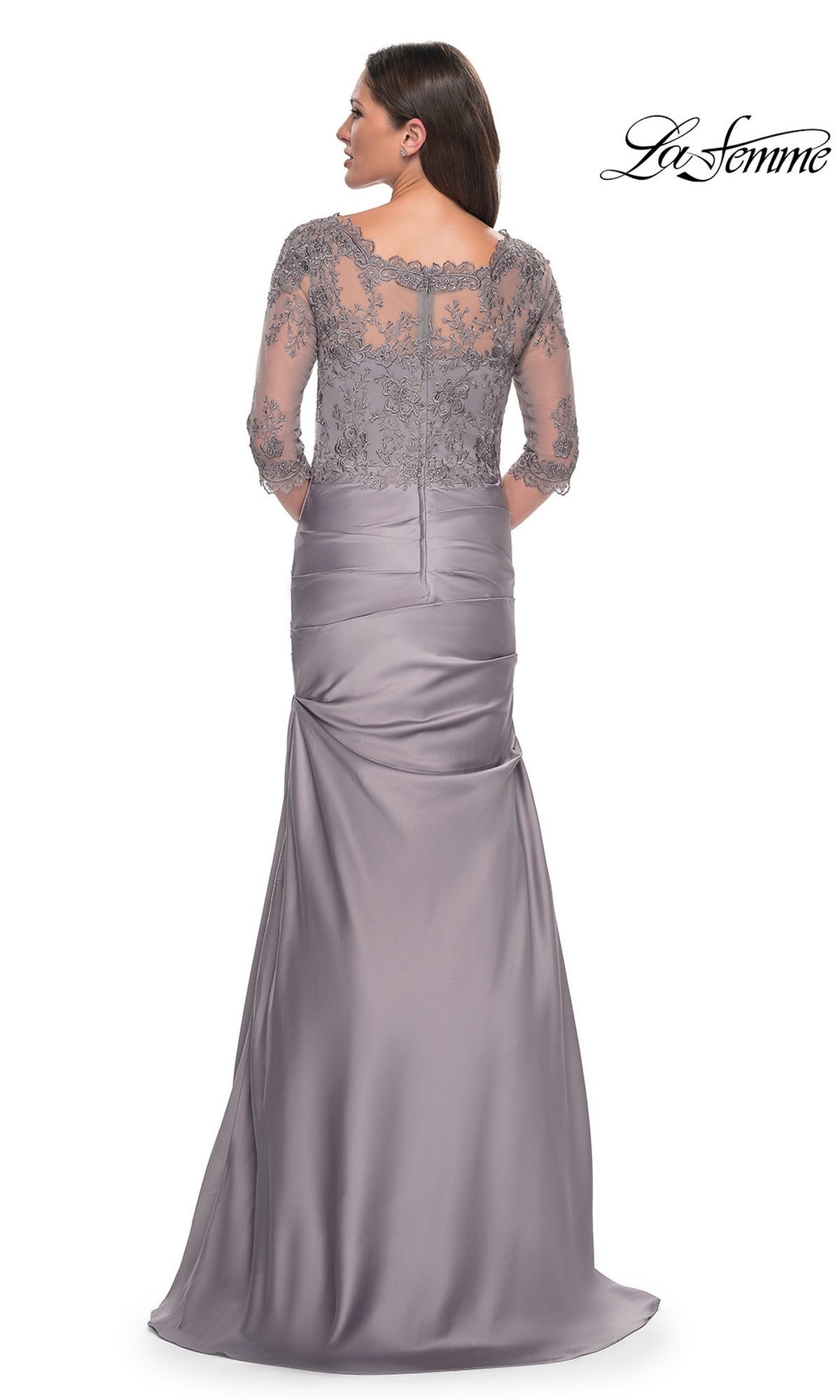 Woman in Long Formal Dress: La Femme 30162—silver-gray with lace bodice, elegant back view. Perfect mother-of-the-bride gown.