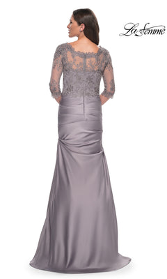 Woman in Long Formal Dress: La Femme 30162—silver-gray with lace bodice, elegant back view. Perfect mother-of-the-bride gown.