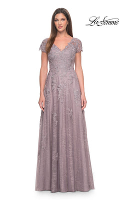 Long Formal Dress: La Femme 30168 in dusty lilac with an A-line silhouette, V-neck, cap sleeves, and a floral lace overlay.