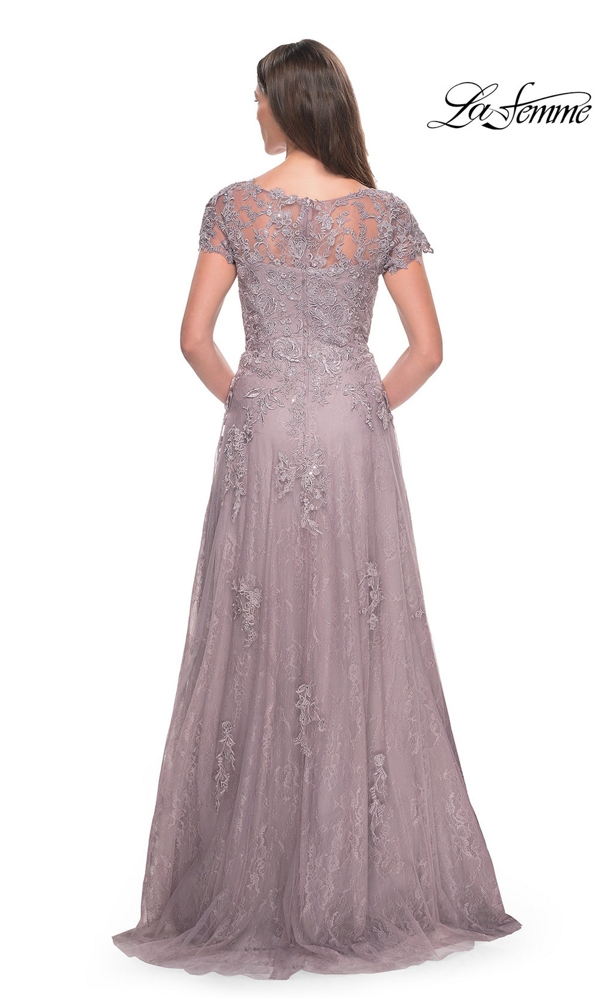 Back view of the mauve, A-line La Femme 30168 formal dress, featuring short sleeves and an embroidered lace overlay.