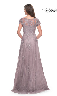 Back view of the mauve, A-line La Femme 30168 formal dress, featuring short sleeves and an embroidered lace overlay.