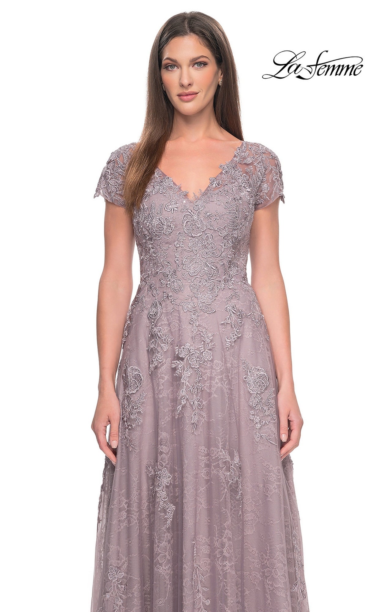 La Femme 30168 mauve V-neck lace formal dress with short sleeves and floral embroidery throughout.