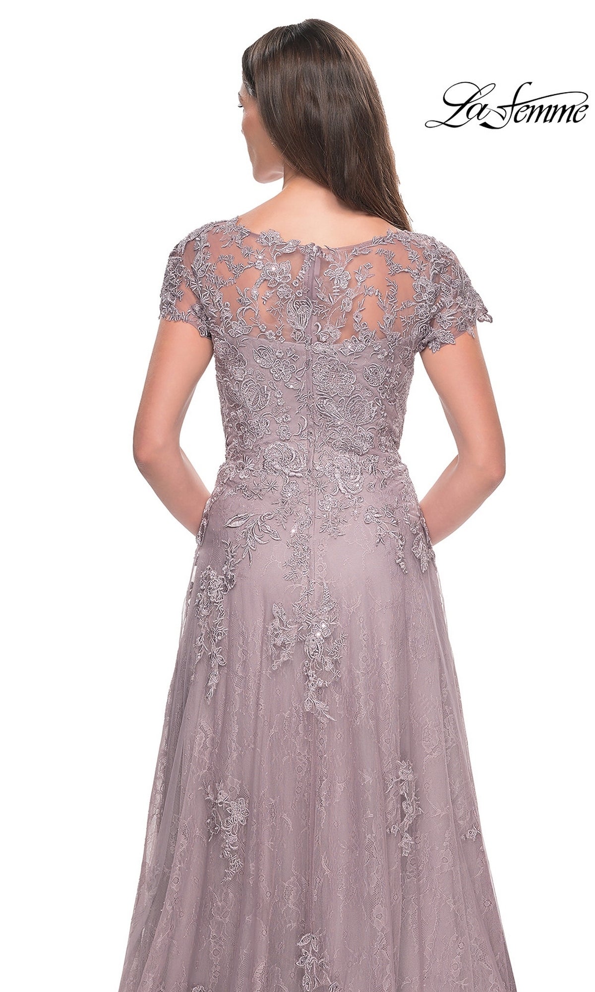 Back view of a mauve La Femme 30168 A-line formal dress featuring short cap sleeves and an embroidered lace overlay.