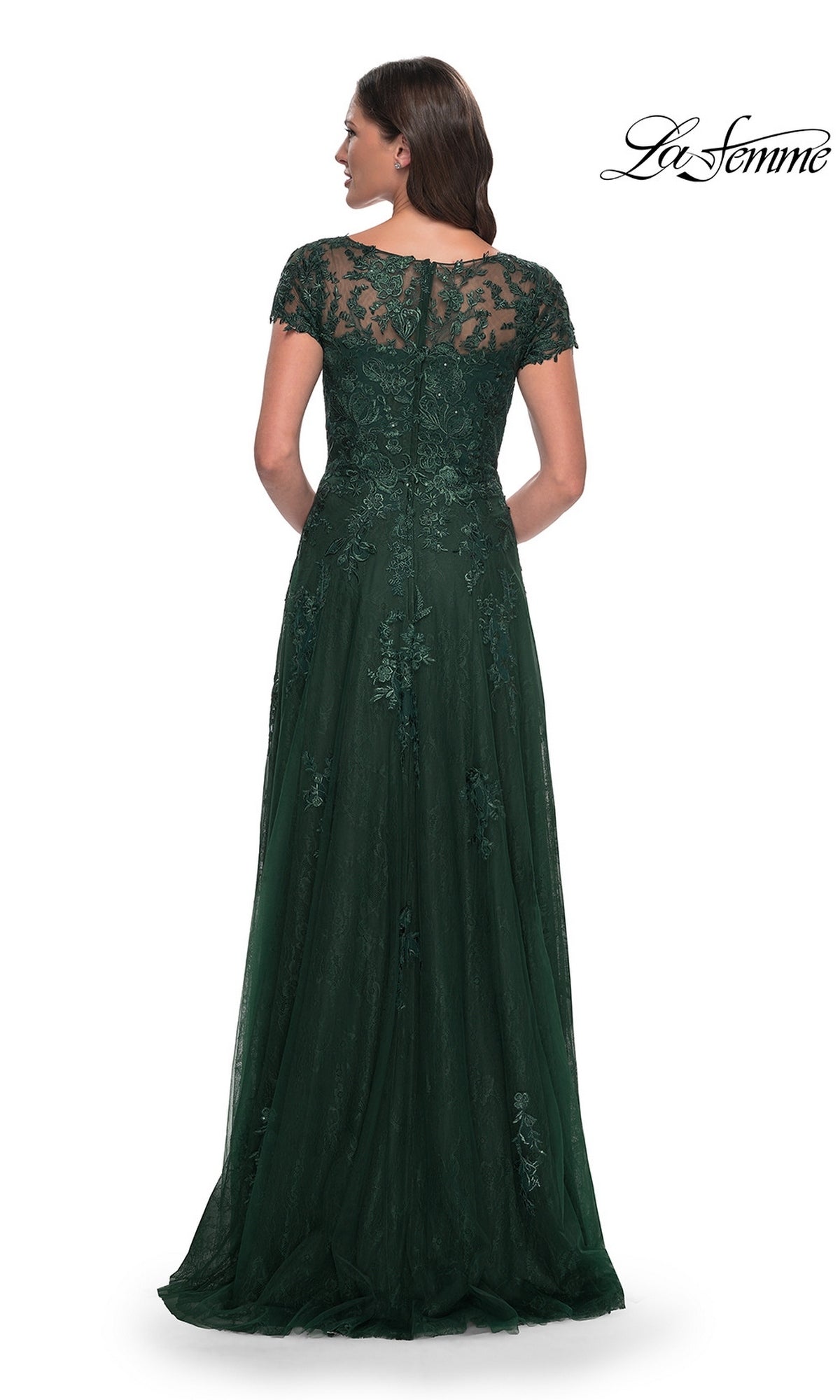 Back view of a floor-length A-line Long Formal Dress: La Femme 30168 in dark green, featuring short cap sleeves and an illusion neckline.