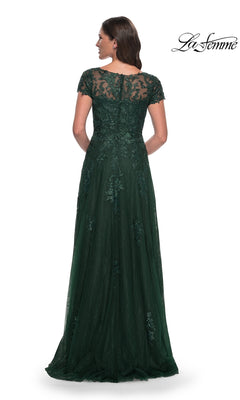 Back view of a floor-length A-line Long Formal Dress: La Femme 30168 in dark green, featuring short cap sleeves and an illusion neckline.