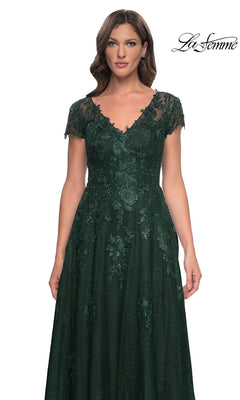 La Femme 30168 formal dress in dark green, featuring a V-neckline, short sleeves, an A-line silhouette, and all-over floral lace embroidery.
