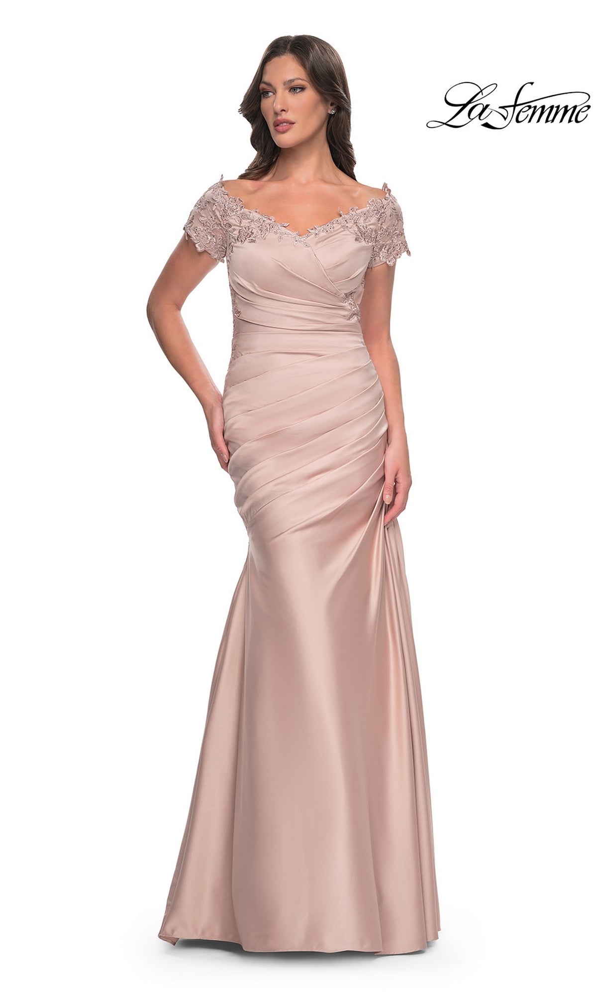 Long Formal Dress: La Femme 30199 in dusty rose, featuring an off-the-shoulder mermaid silhouette, lace cap sleeves, and a ruched bodice.