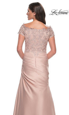 Back view of a Long Formal Dress: La Femme 30199, an off-the-shoulder mother of the bride gown with a lace bodice and a draped satin skirt.