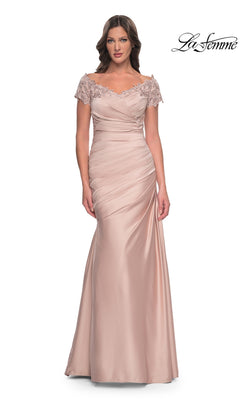 La Femme 30199 long formal dress in pale pink, featuring an off-the-shoulder mermaid silhouette, short lace sleeves, and a ruched bodice.