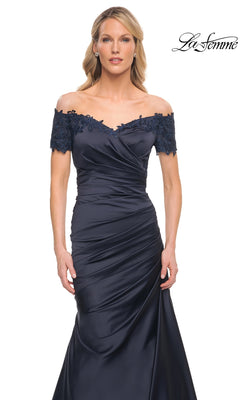 La Femme 30199 off-the-shoulder navy mermaid gown with a sweetheart neckline, lace cap sleeves, and a ruched satin bodice.