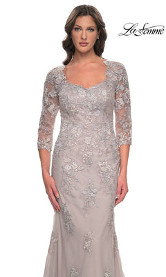 La Femme 30200 long formal dress in dusty lilac featuring a scoop neckline, three-quarter length sleeves, and intricate floral lace appliques on a floor-length silhouette.