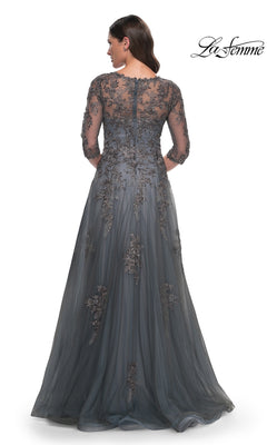 Back view of the floor-length grey La Femme 30201 mother of the bride gown, featuring three-quarter sleeves and floral lace appliques.