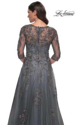 Back view of the grey Long Formal Dress: La Femme 30201, featuring three-quarter sleeves and ornate metallic floral embroidery on the bodice and skirt.