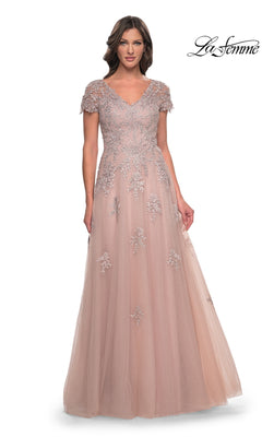 La Femme 30228 mauve floor-length A-line lace formal dress with short sleeves, intricate floral embroidery on the bodice, and a tulle evening gown skirt.