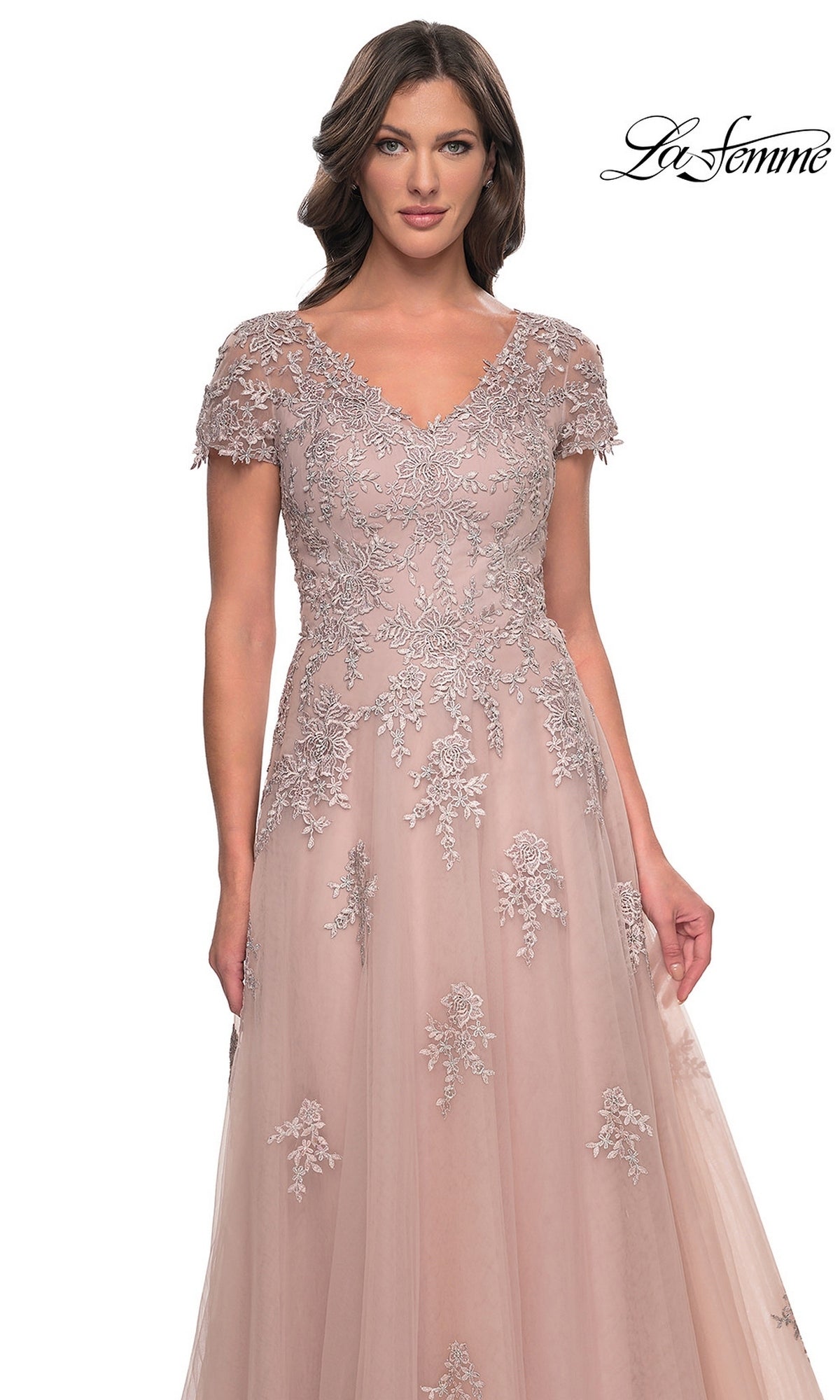 A mauve V-neck lace Long Formal Dress: La Femme 30228 with short sleeves and floral embroidery on the bodice and skirt.