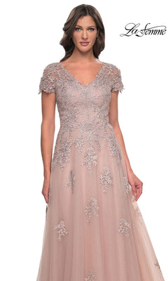 A mauve V-neck lace Long Formal Dress: La Femme 30228 with short sleeves and floral embroidery on the bodice and skirt.