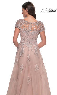 Back view of the Long Formal Dress: La Femme 30228, a mauve floor-length lace gown featuring cap sleeves, an illusion neckline, and floral embroidery on the bodice.