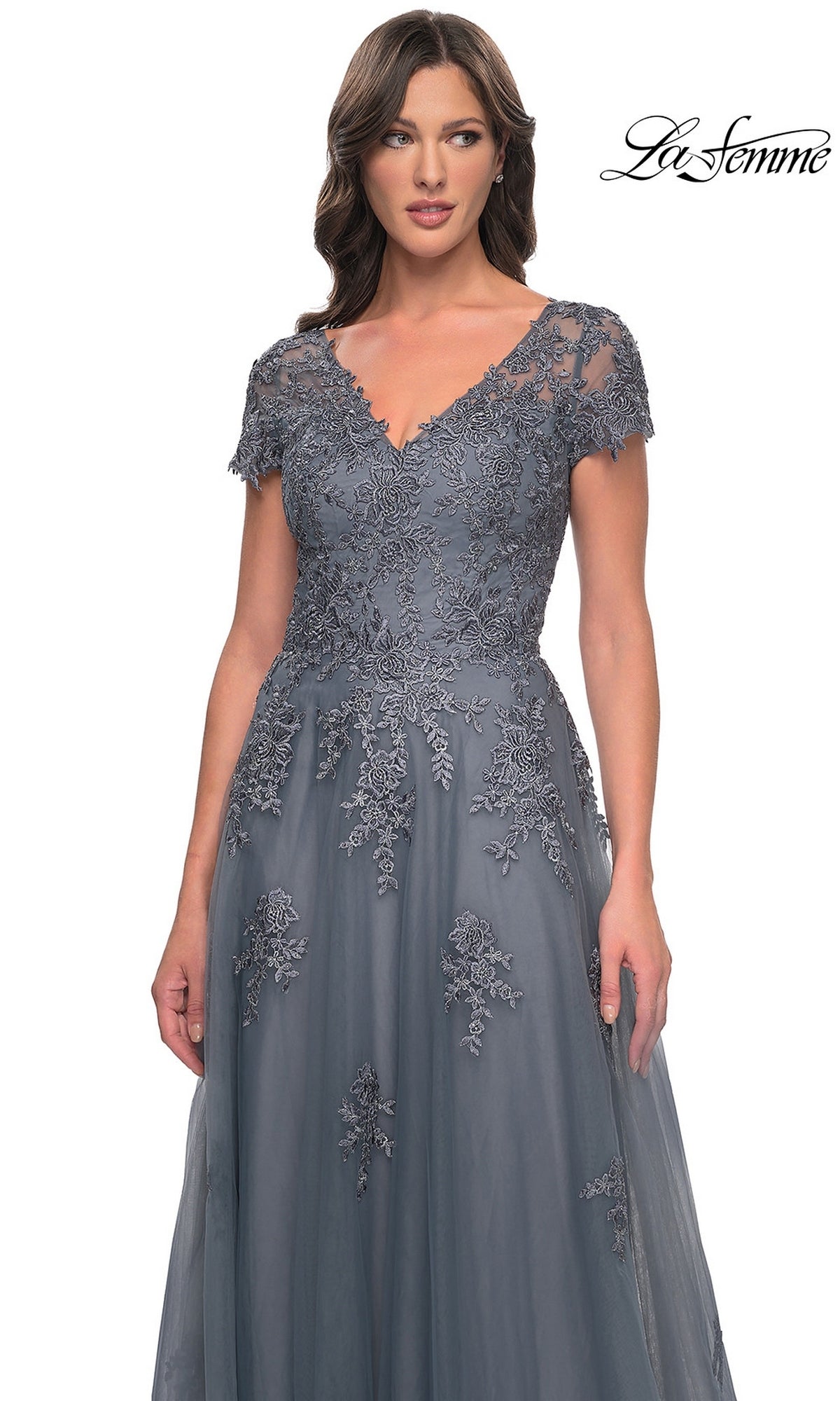 La Femme 30228 charcoal grey V-neck tulle evening gown with short sleeves and floral lace embroidery on the bodice and skirt.