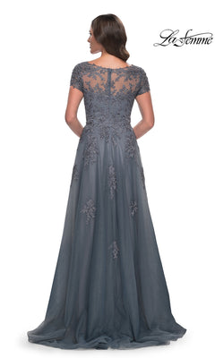 Back view of a grey floor-length La Femme 30228 formal dress with short sleeves and floral embroidery on the bodice and tulle skirt.
