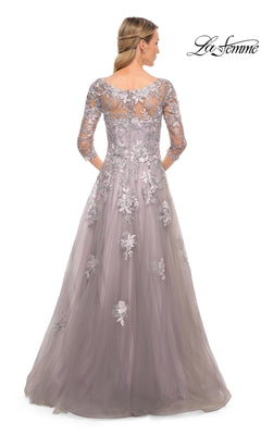 Back view of the Long Formal Dress: La Femme 30229, a floor-length lavender mother of the bride gown with three-quarter sleeves and silver floral embroidery over a tulle skirt.