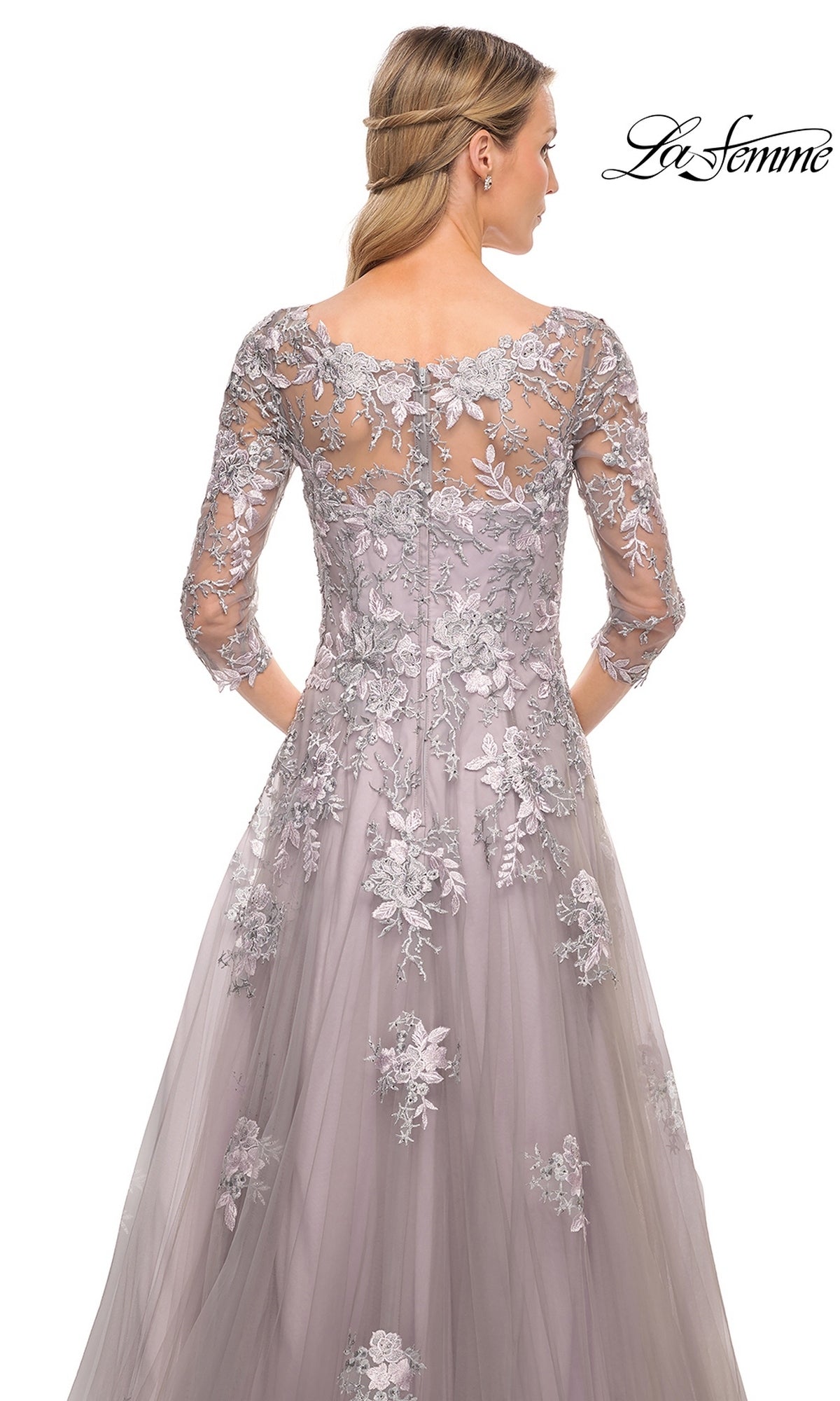 Back view of a mauve Long Formal Dress: La Femme 30229, a floor-length gown with three-quarter sleeves, a sheer illusion neckline, and floral lace appliques throughout the bodice.