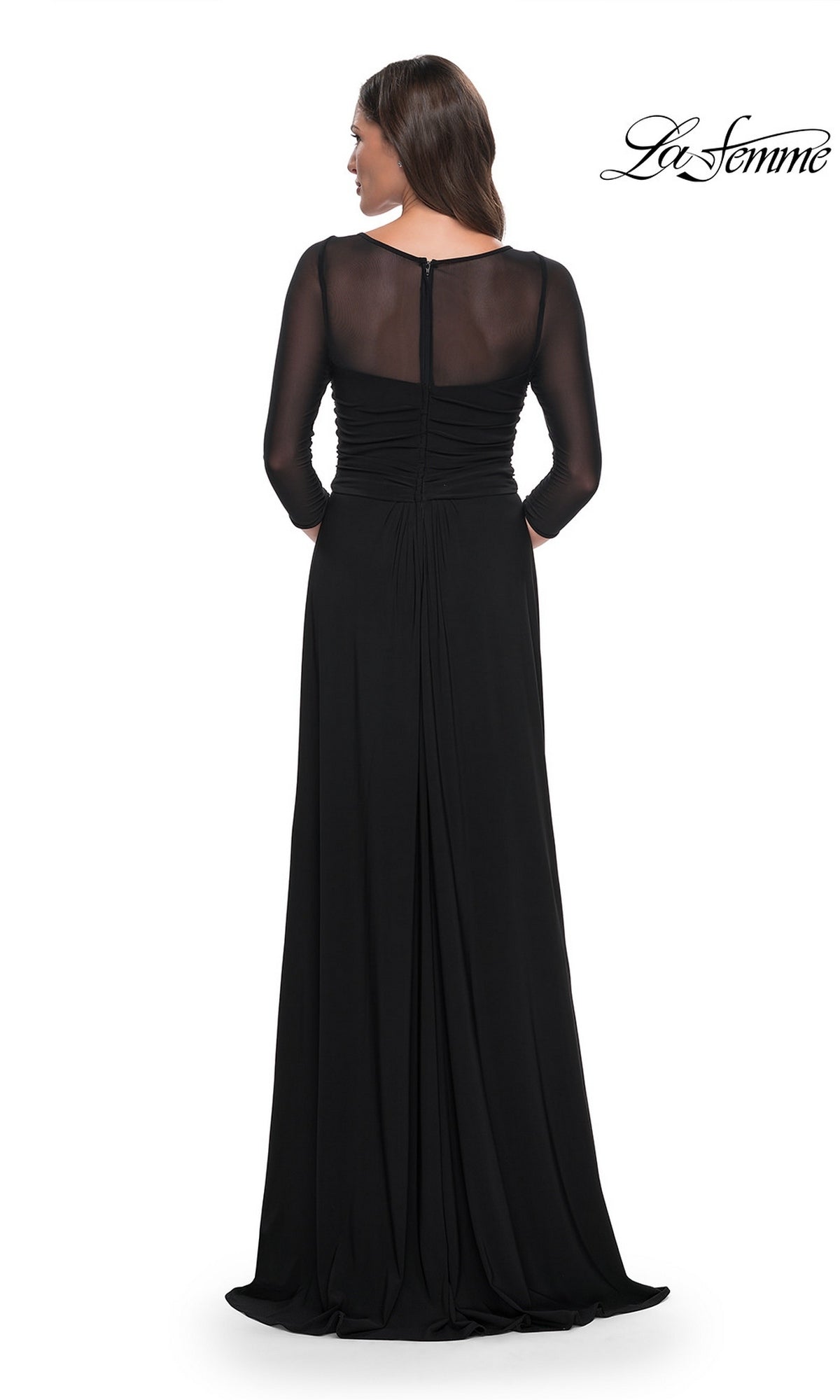 Back view of a woman wearing the La Femme 30230 floor-length black formal dress with three-quarter sleeves and a modest illusion neckline.