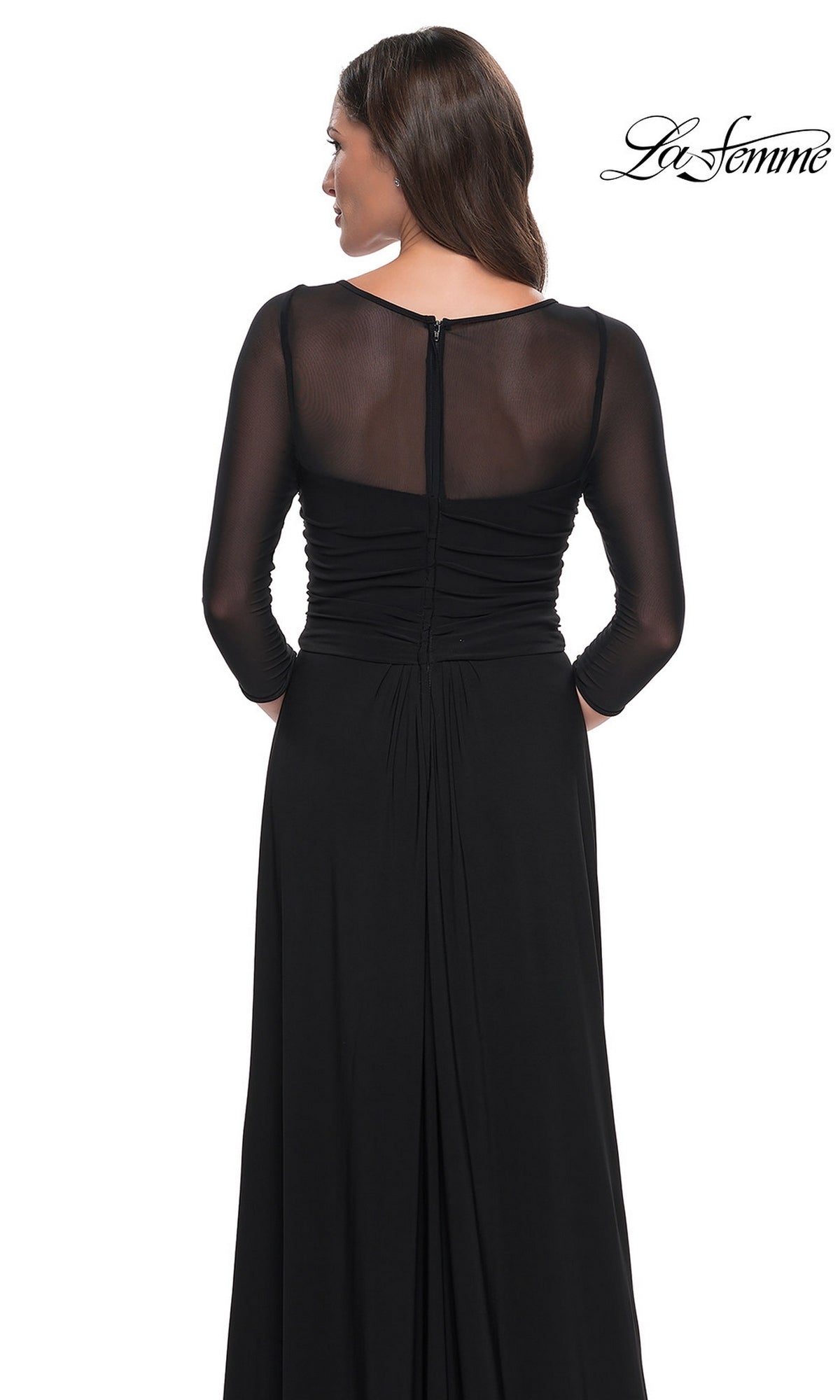 Back view of a woman in a black Long Formal Dress: La Femme 30230 with a sheer illusion neckline.