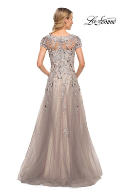 Back view of the Long Formal Dress: La Femme 30239, a floor-length, taupe modest formal gown with short sleeves and silver floral embroidery over tulle.