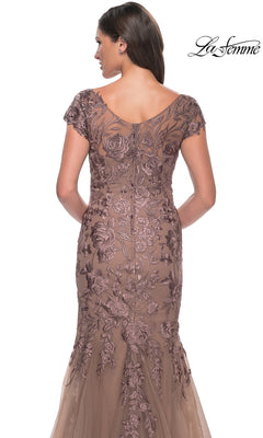 Back view of the Long Formal Dress: La Femme 30269, a floor-length brown mermaid gown with cap sleeves, a v-neckline, and floral embroidery.