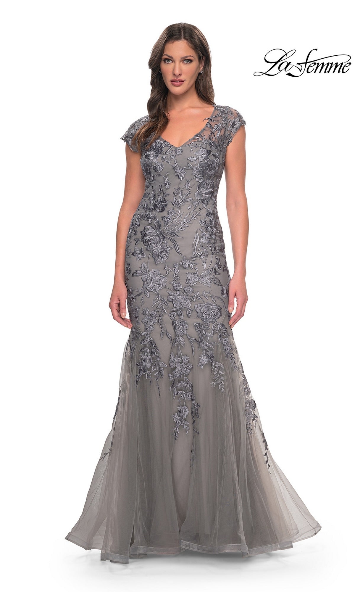La Femme 30269 silver floor-length V-neck dress with cap sleeves, a mermaid silhouette, and floral embroidery.
