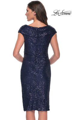 Woman shown from the back wearing Knee Length Wedding Guest Dress: La Femme 30323 in dark blue sequins. The La Femme logo is in the upper right corner.