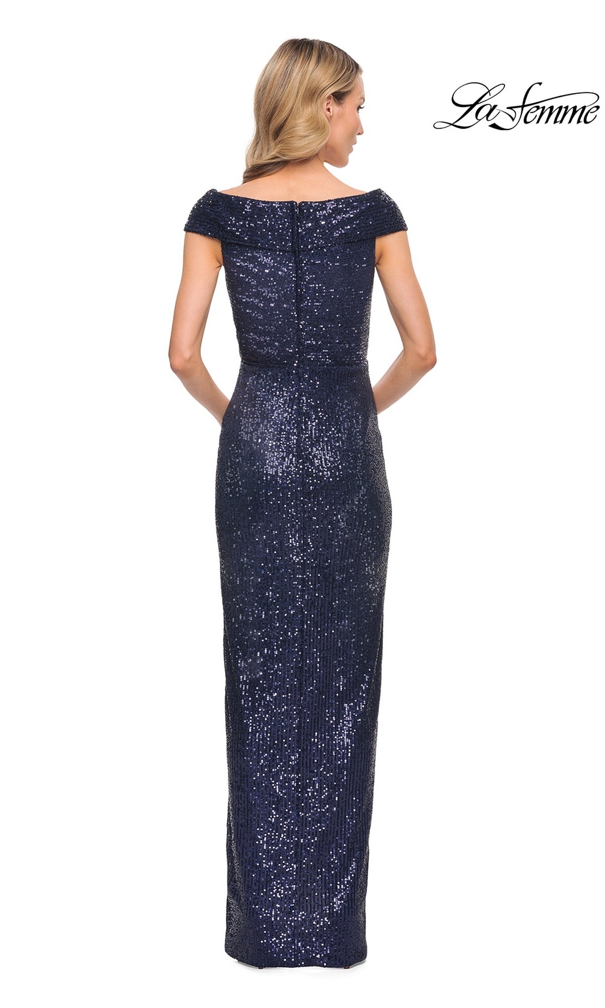 Woman facing away wears a fitted, dark blue sequin gown with an off-the-shoulder sheath silhouette and back zipper. Long Formal Dress: La Femme 30326 logo at top right.