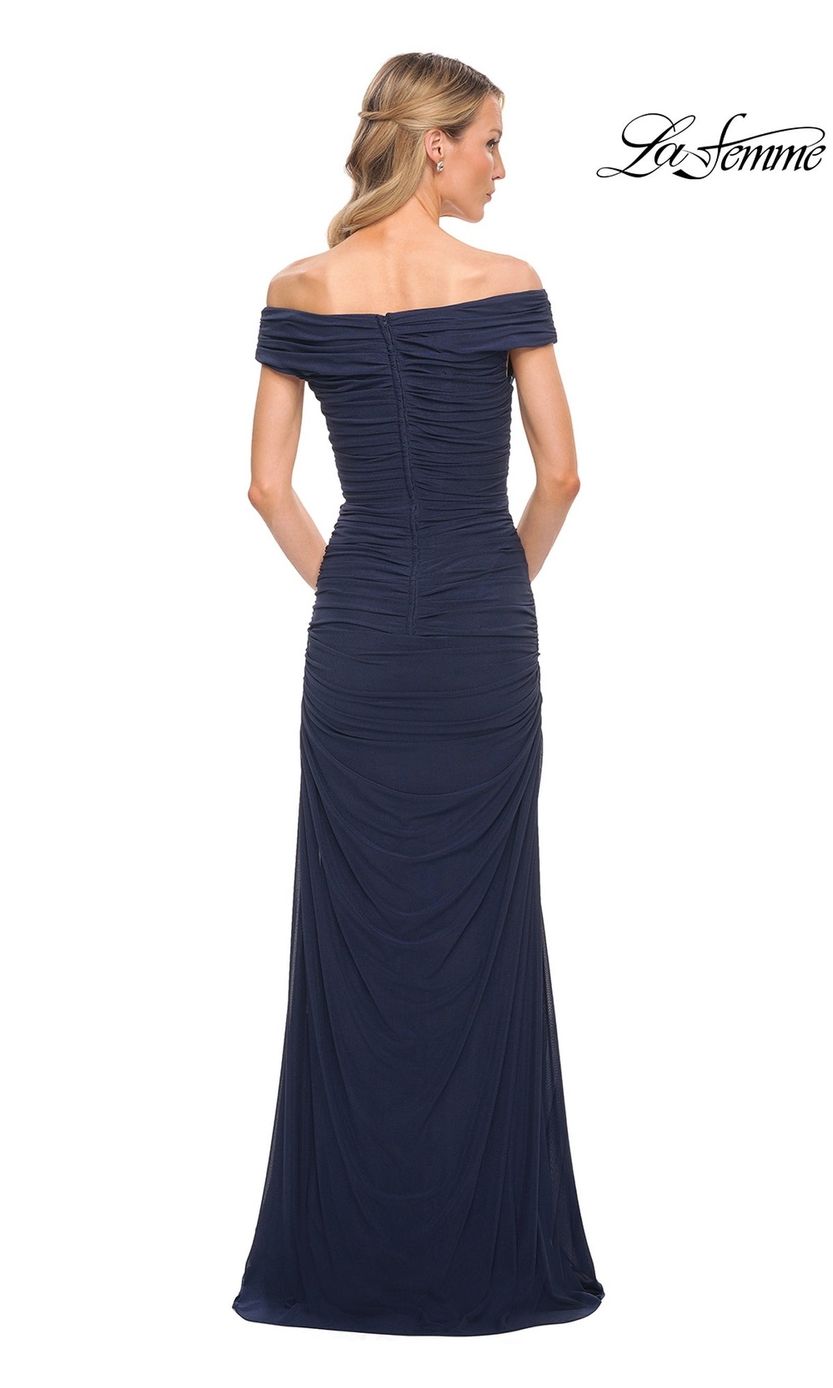 Back view of a floor-length, navy off-the-shoulder La Femme 30363 formal dress with a ruched bodice and skirt.