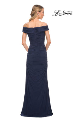 Back view of a floor-length, navy off-the-shoulder La Femme 30363 formal dress with a ruched bodice and skirt.