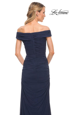 Back view of a navy blue, off-the-shoulder, floor-length La Femme 30363 evening gown with ruched detailing.