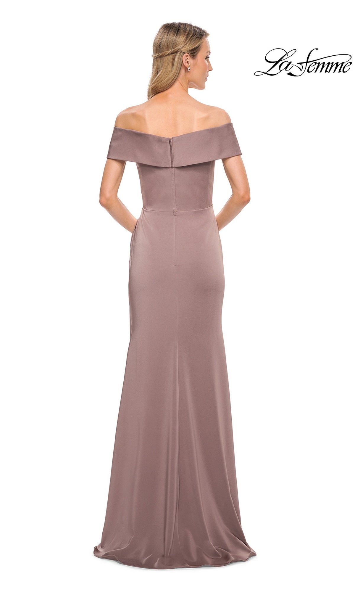 Back view of the Long Formal Dress: La Femme 30397, a floor-length, mauve gown with an elegant portrait collar and an off-the-shoulder neckline.