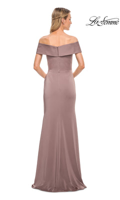 Back view of the Long Formal Dress: La Femme 30397, a floor-length, mauve gown with an elegant portrait collar and an off-the-shoulder neckline.