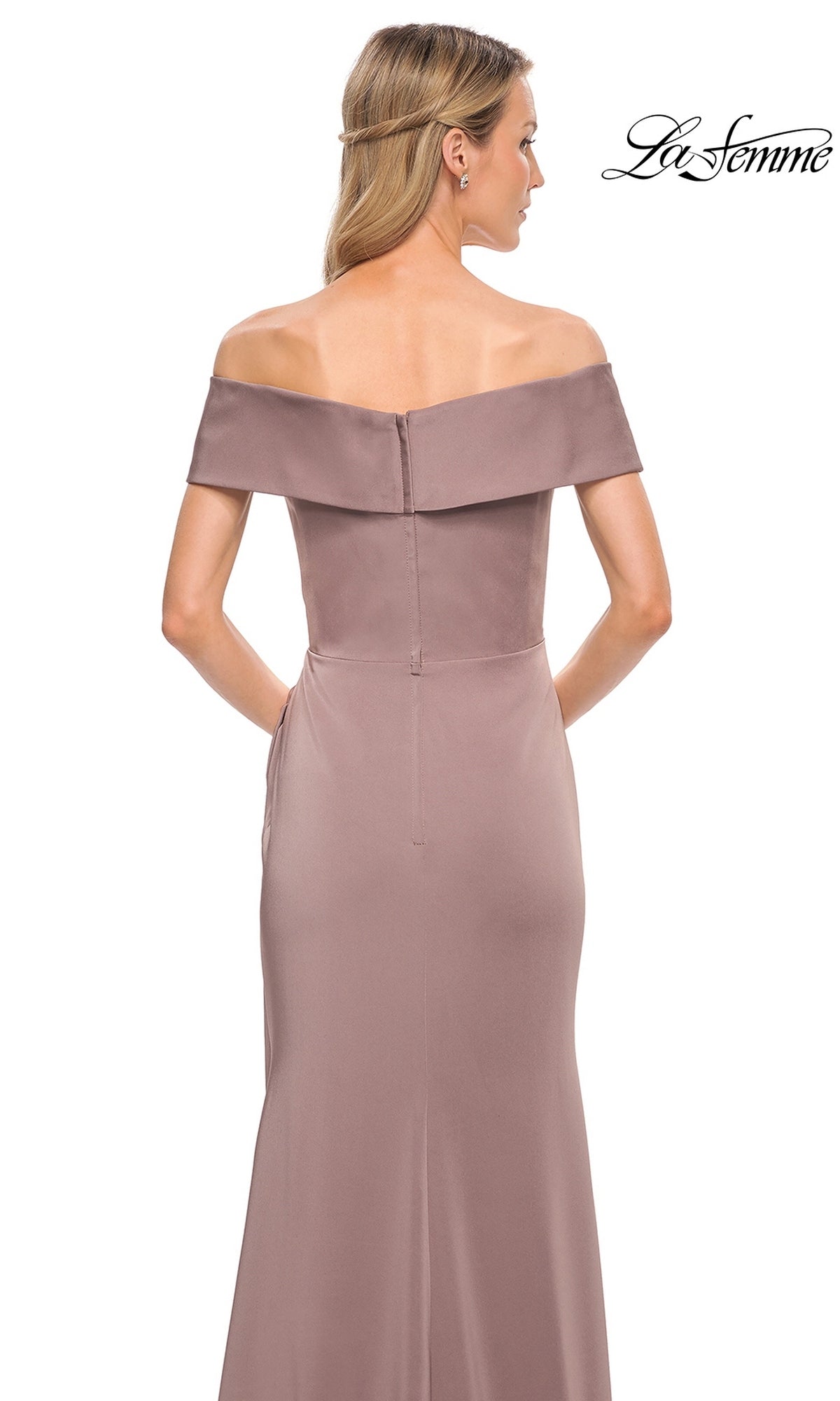 Back view of the mauve, cocoa satin Long Formal Dress: La Femme 30397, featuring an elegant portrait collar and an off-the-shoulder neckline.