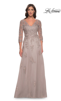 La Femme 30398 dusty mauve A-line formal dress with a V-neckline, three-quarter length sleeves, and intricate floral lace embroidery.