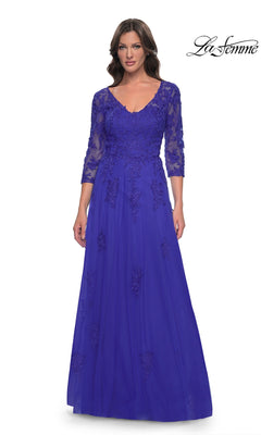 Royal blue La Femme 30398 A-line formal dress featuring a V-neck and lace appliqués on the bodice and skirt.