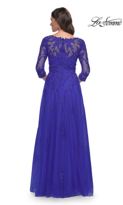 Back view of a royal blue Long Formal Dress: La Femme 30398, featuring three-quarter sleeves and an embroidered A-line bodice.