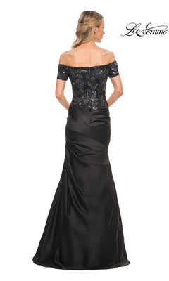 Back view of a floor-length black La Femme 30404 mermaid formal dress featuring an off-the-shoulder sequined bodice and a fitted skirt.