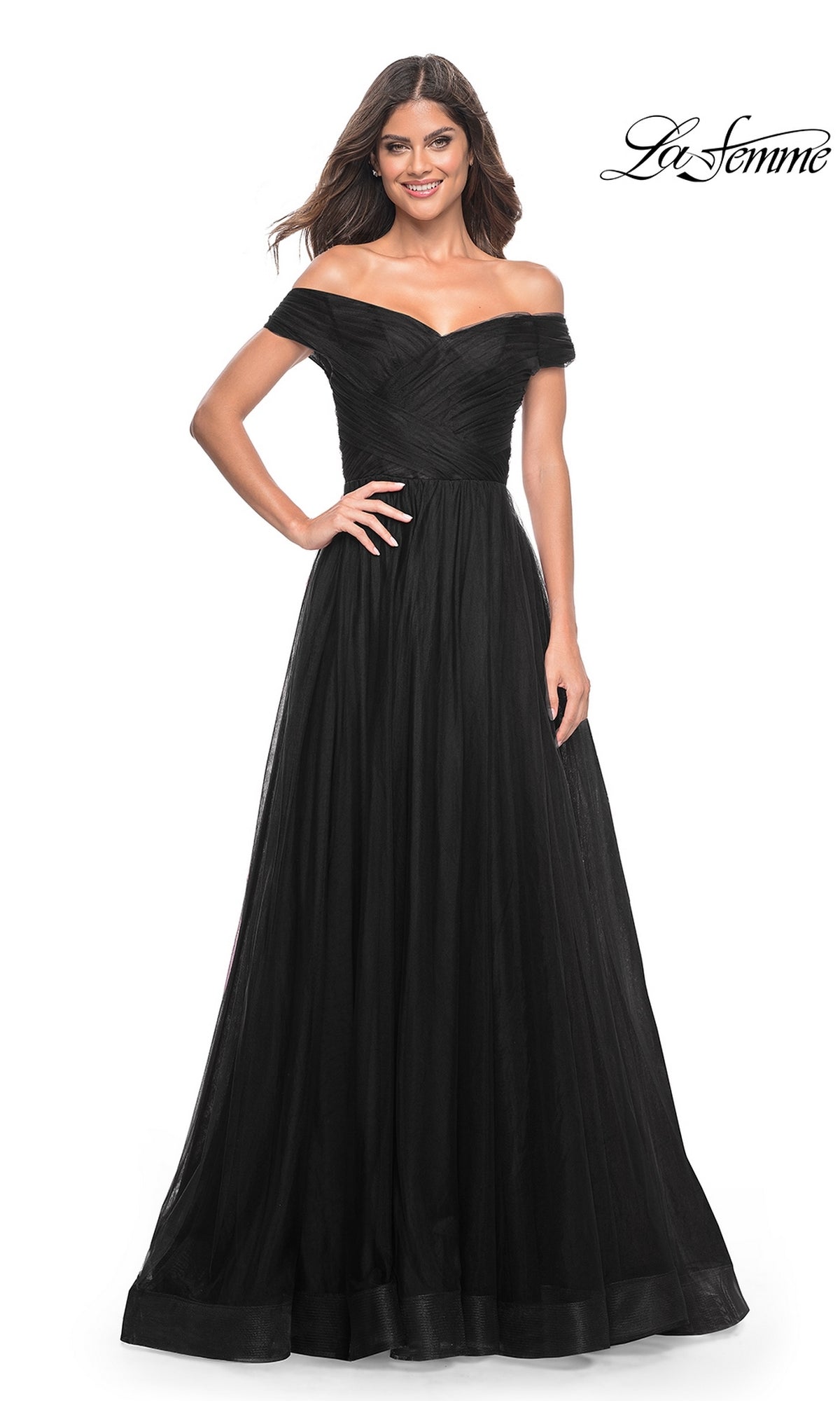 slim fit dress slacks Off-the-Shoulder Long A-Line Prom Dress with Side Slit– PromGirl