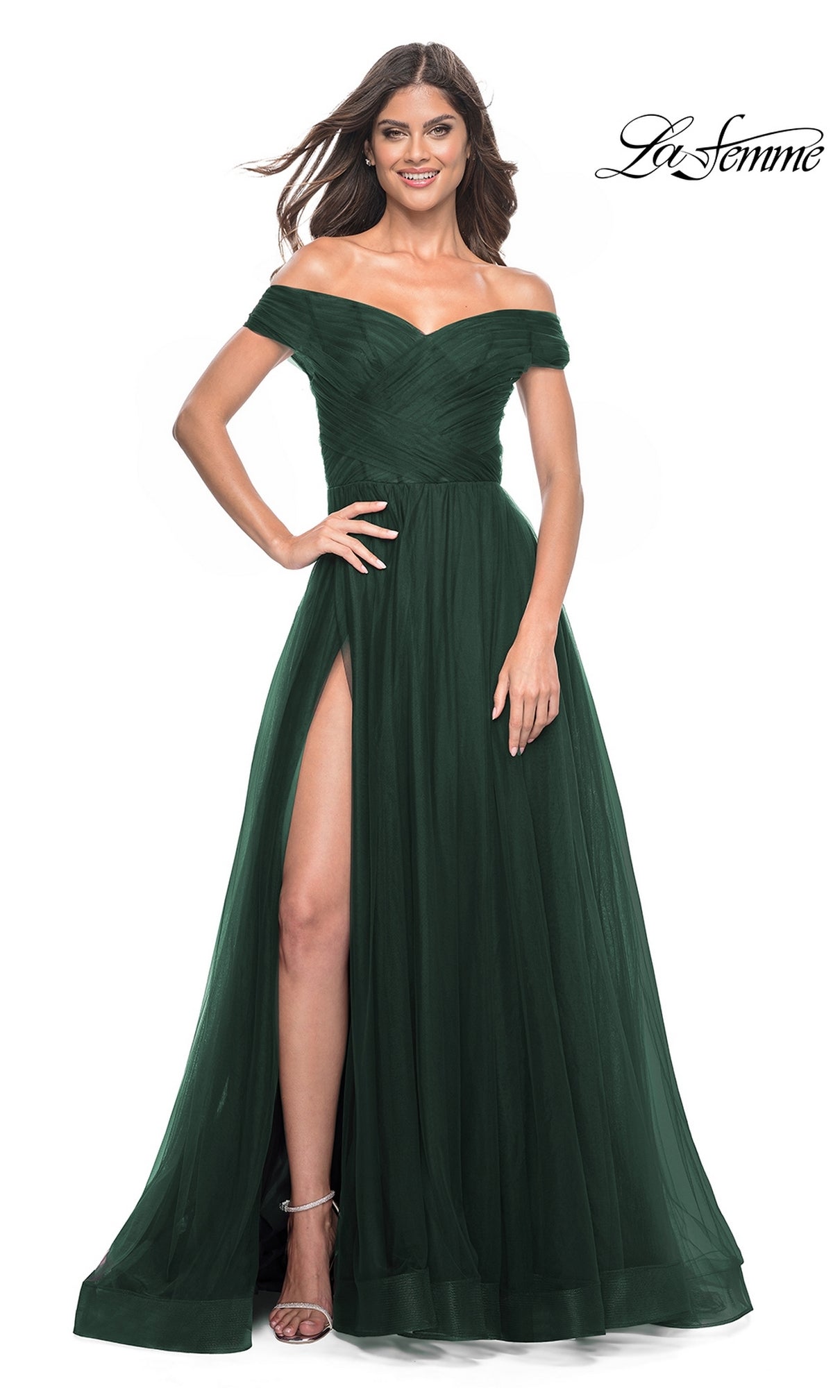 Off-the-Shoulder Long A-Line Prom Dress with Side Slit – PromGirl