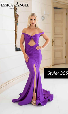 A woman in a fitted Jessica Angel 305 Cut-Out Long Prom Dress with an off-the-shoulder neckline, front slit, and cutout stands indoors near a door. Text reads "Style: 305.