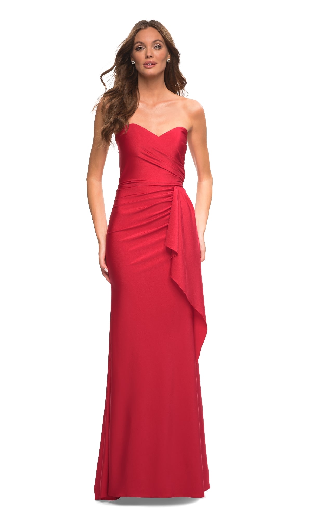 A woman stands facing forward in the Ruched Strapless Long Prom Dress by La Femme, featuring a fitted bodice and draped side detail.