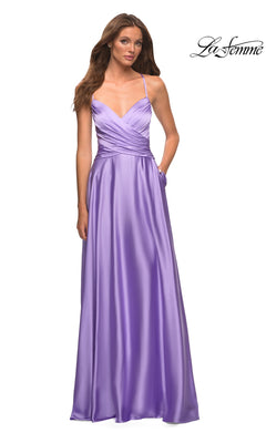 La Femme 30662 sleeveless, floor-length lavender A-line prom dress with a V-neckline, a pleated bodice, and side pockets.