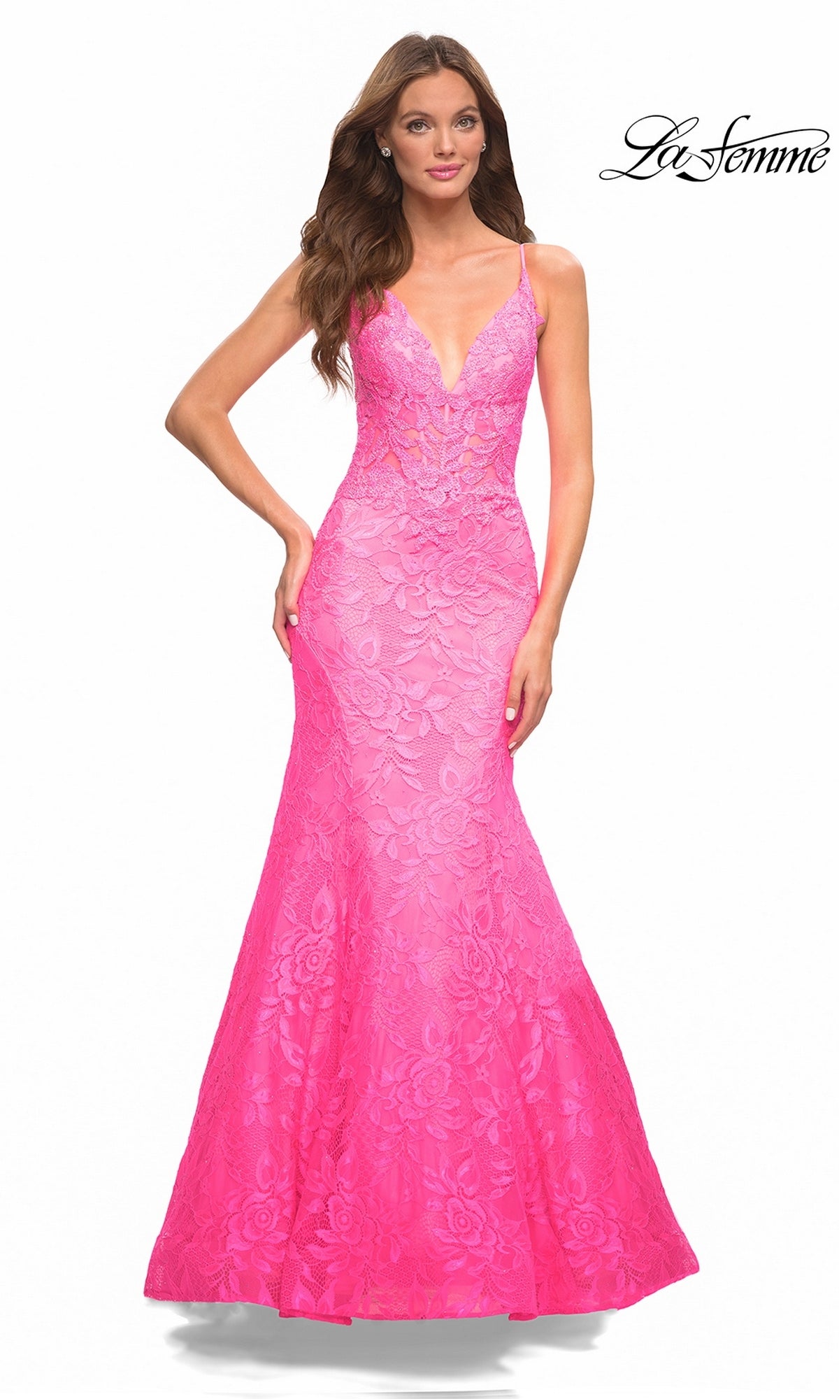 La Femme 30663 neon pink V-neck prom dress in a floor-length lace mermaid silhouette with spaghetti straps.