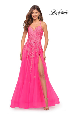 La Femme 30693 neon pink lace bodice ball gown featuring a sleeveless floor-length silhouette and a high leg slit.