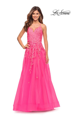 La Femme 30693 is a bright neon pink ball gown with a V-neckline, floral lace bodice detailing, and a tulle skirt.